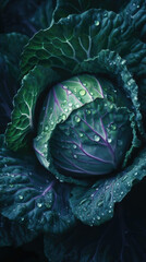Fototapeta premium Fresh cabbage with water drops, close-up shot on black background. Generative AI.
