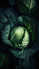 Obraz premium Fresh cabbage with water drops, close-up shot on black background. Generative AI.