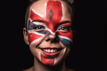 portrait of a happy girl with makeup in colors depicting the flag of the United Kingdom. Blue, white, red. Generative AI Generative AI