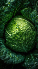 Obraz premium Fresh cabbage with water drops, close-up shot on black background. Generative AI.