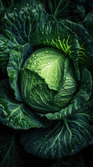 Fototapeta premium Fresh cabbage with water drops, close-up shot on black background. Generative AI.