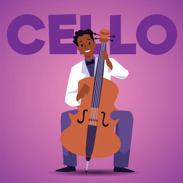 Happy man playing cello music instrument, poster template - flat vector illustration.