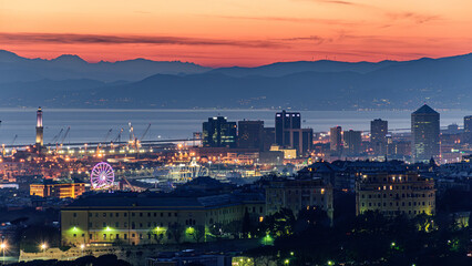Fototapeta premium Panoramic view of Genoa during the twilight