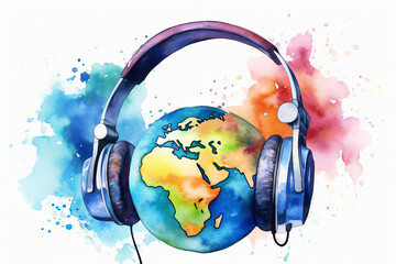 World music day concept. Stereo headphone and a globe on a white background. Generative AI illustration Generative AI