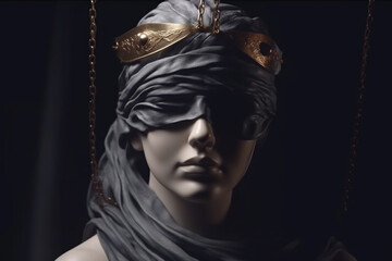 Lady Justice or Themis or Justilia (Goddess of justice). Blindfold Lady of Justice with scales. Generative AI