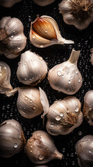 Fresh garlic with water drops, close-up shot on black background. Generative AI.