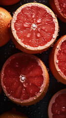 Fresh grapefruit with water drops, close-up shot on black background. Generative AI.