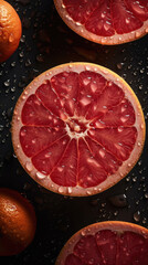 Fresh grapefruit with water drops, close-up shot on black background. Generative AI.