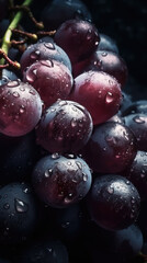 Fresh grapes with water drops, close-up shot on black background. Generative AI.