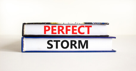 Perfect storm symbol. Concept words Perfect storm on beautiful books. Beautiful white table white background. Business and Perfect storm concept. Copy space.