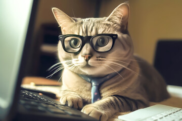 programmer cat with sunglasses on laptop, generative ai