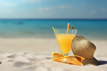 Travel and vacation concept. Cocktail, straw hat and sunglasses placed on beach. Calm ocean or sea in background. Copy space. Generative AI