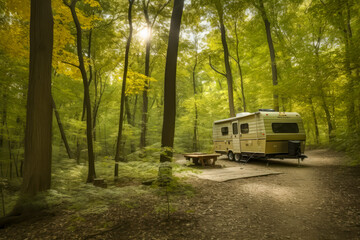 Fototapeta na wymiar travel trailer camping in the woods, generative ai