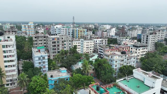 Aerial shot of city sky, Bogura city birdeye view drone footage in bangladesh