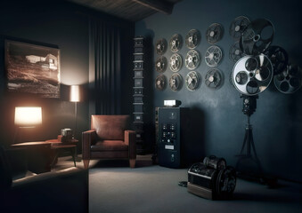 Modern bachelor room and the necessary accessories. A real man's room or man cave and its everyday items. Modern design but still a little retro style. AI generated illustration.