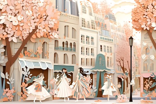 Girls in a street dressed in white, in the style of vignettes of Paris, dreamlike installations, orange and aquamarine, detailed crowd scenes, delicately rendered lands, AI-Generated Image
