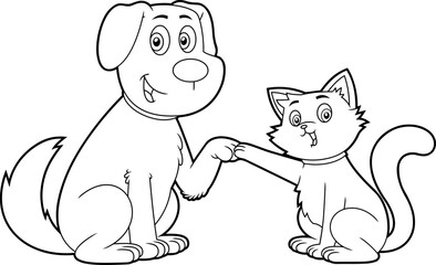 Outlined Cute Dog And Cat Cartoon Characters Best Friends. Vector Hand Drawn Illustration Isolated On Transparent Background
