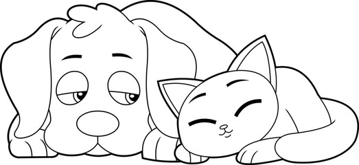 Outlined Funny Dog And Cat Cartoon Characters Sleeping Together. Vector Hand Drawn Illustration Isolated On Transparent Background