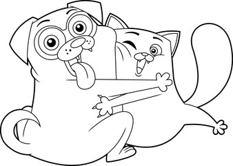 Outlined Happy Dog And Cat Cartoon Characters Together In Hug. Vector Hand Drawn Illustration Isolated On Transparent Background