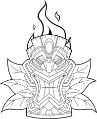 Obraz premium Outlined Cartoon Tiki Tribal Wooden Mask With Flames And Leaves. Vector Hand Drawn Illustration Isolated On Transparent Background