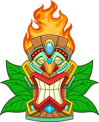 Cartoon Tiki Tribal Wooden Mask With Flames And Leaves. Vector Hand Drawn Illustration Isolated On Transparent Background