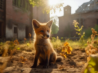 fox cub sitting in garden, in a sunny day, generative ai