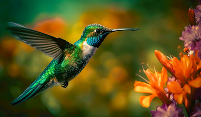 Fototapeta premium a blue hummer bird flying a flower, generative ai