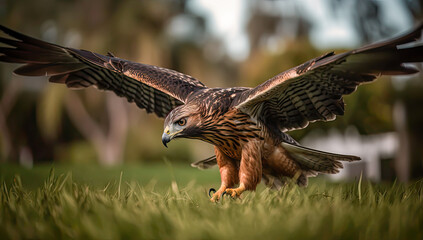 the hawk soaring in front of the green grass, generative ai