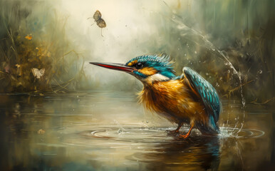kingfisher in a river, watercolor illustration, generative ai