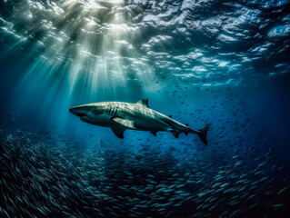 Fototapeta premium a shark swimming undersea, many fish background, dark, generative ai