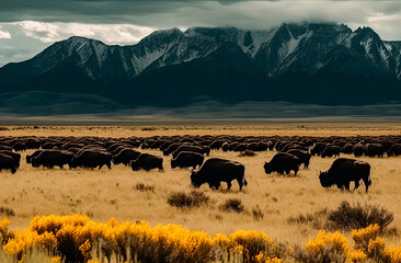 a field of buffalo with mountains in the background, generative ai