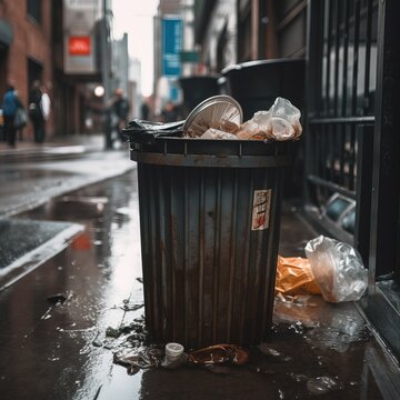 Trash can in the city full of garbage and spoiled food. Global polution. Lack of waste sorting. Overflowing trash bin. Need of city cleaning. Dirty city. Generative AI.