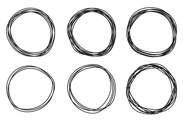 Round circular sketch frames and speech bubble pen outline with empty space inside. Black circles of ontinuous one line drawing. Vector illustration