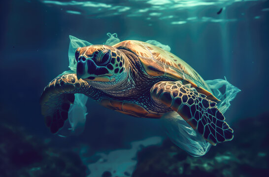 turtle with plastic bag in his body, garbage alarm in seas, generative ai