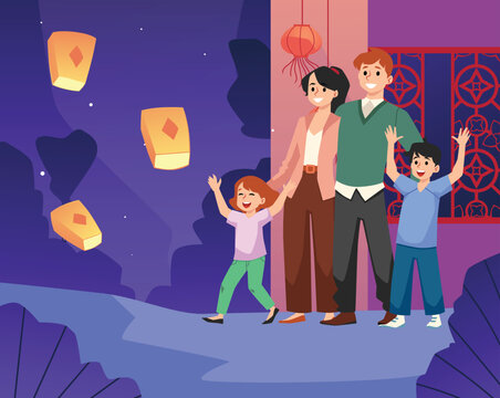 Family with kids releasing air lanterns together, flat vector illustration.