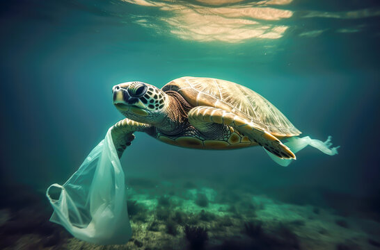 turtle with plastic bag in his body, garbage alarm in seas, generative ai