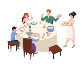 People at table eating rice balls, happy family celebrating - flat vector illustration isolated on white background.