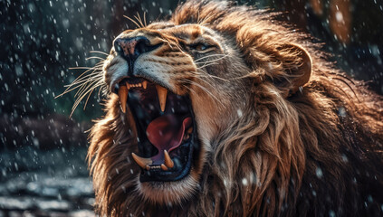 a lion is roaring during the rain, close up, generative ai