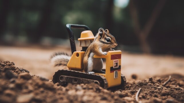 A little chippy sitting on top of a toy bulldozer. AI generative image.