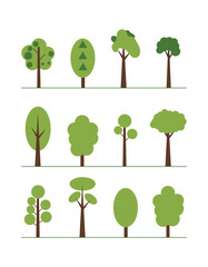Set of deciduous trees on white. Trees of various types. Vector