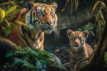 mother and her young tiger cub in the jungle, generative ai