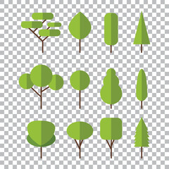 Deciduous trees. Set of original trees on transparent background. Vector illustration