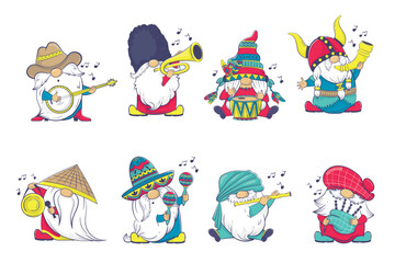 The International Gnome Band clipart. Musical Gnomes in National Costumes