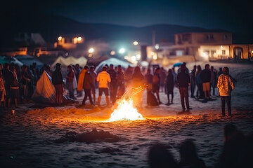 Obraz na płótnie Canvas bonfire with blurred people having fun in a beach, generative ai