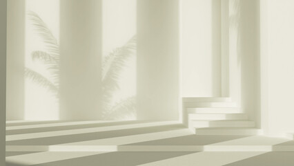 stairs and palm shadows - silver white fashion demonstration hall mockup - abstract 3D illustration