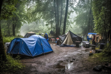 camping in the forest, raining day, generative ai
