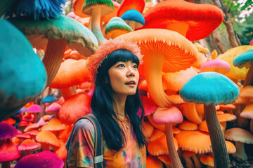 Asian woman tripping on psychedelic mushrooms. Generative AI