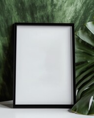 Mockup of black frame with tropical leaves on white table.