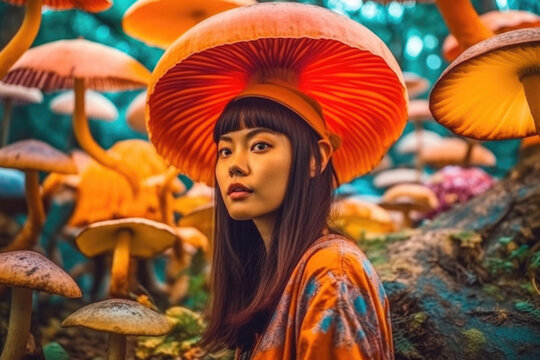 Asian woman high on psychedelic mushrooms in the forest. Generative AI