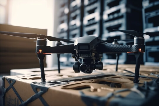 Spare part delivery drone at garage storage in leading automotive car service center for delivering mechanical shipping component part assembling to customer. Generative AI